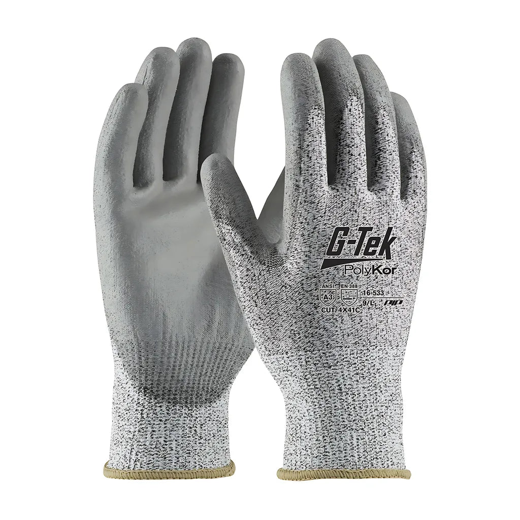 G-Tek 16-533/L Industry Grade Seamless Knit Polykor Blended Glove With Polyurethane Coated Flat Grip On Palm & Fingers - Bulk Pack 16-533L-9531