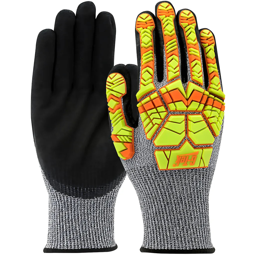 G-Tek 16-Mph430Hv/L Seamless Knit Polykor Blended Glove With Hi-Vis Impact Protection And Double-Dip Nitrile Microsurface Grip On Palm & Fingers 16-MPH430HVL-9698