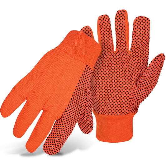 Boss 1JP5010F Fluorescent Corded Canvas Glove with PVC Dotted Grip on Palm, Thumb and Index Finger - 10 oz. Single Palm