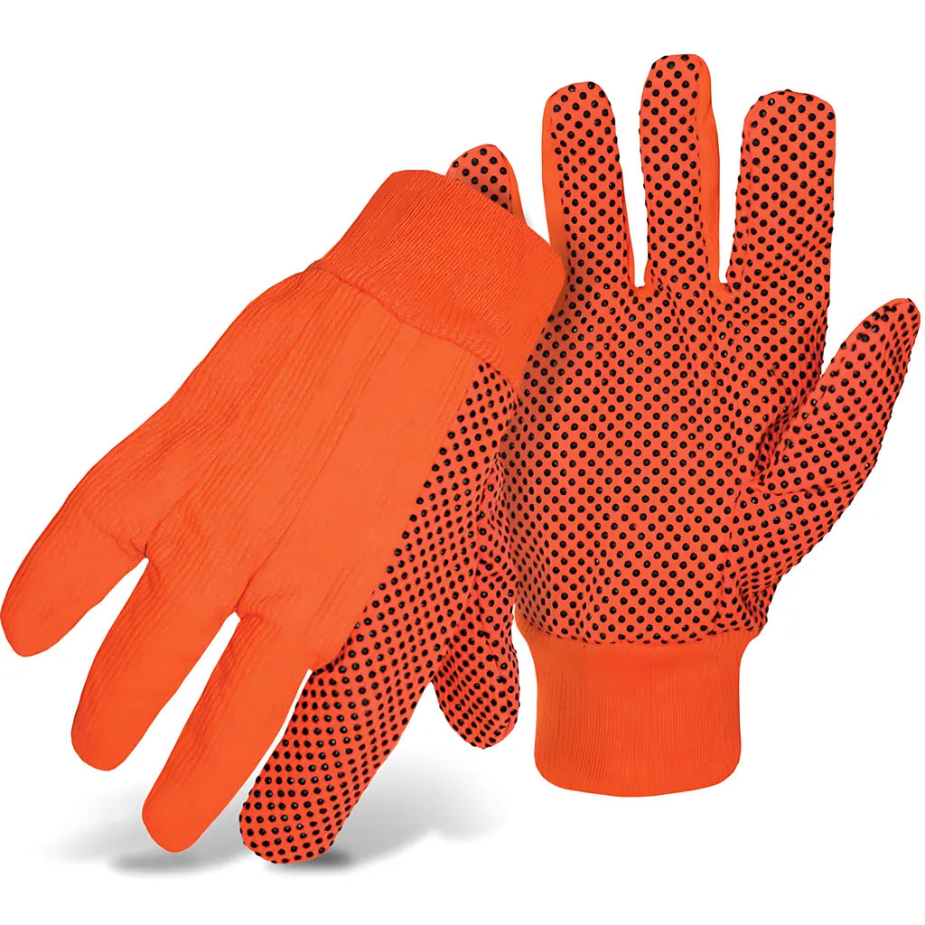 Boss 1Jp5110F Fluorescent Corded Canvas Glove With Pvc Dotted Grip On Palm, Thumb And Index Finger - 10 Oz. Double Palm 1JP5110F-10337