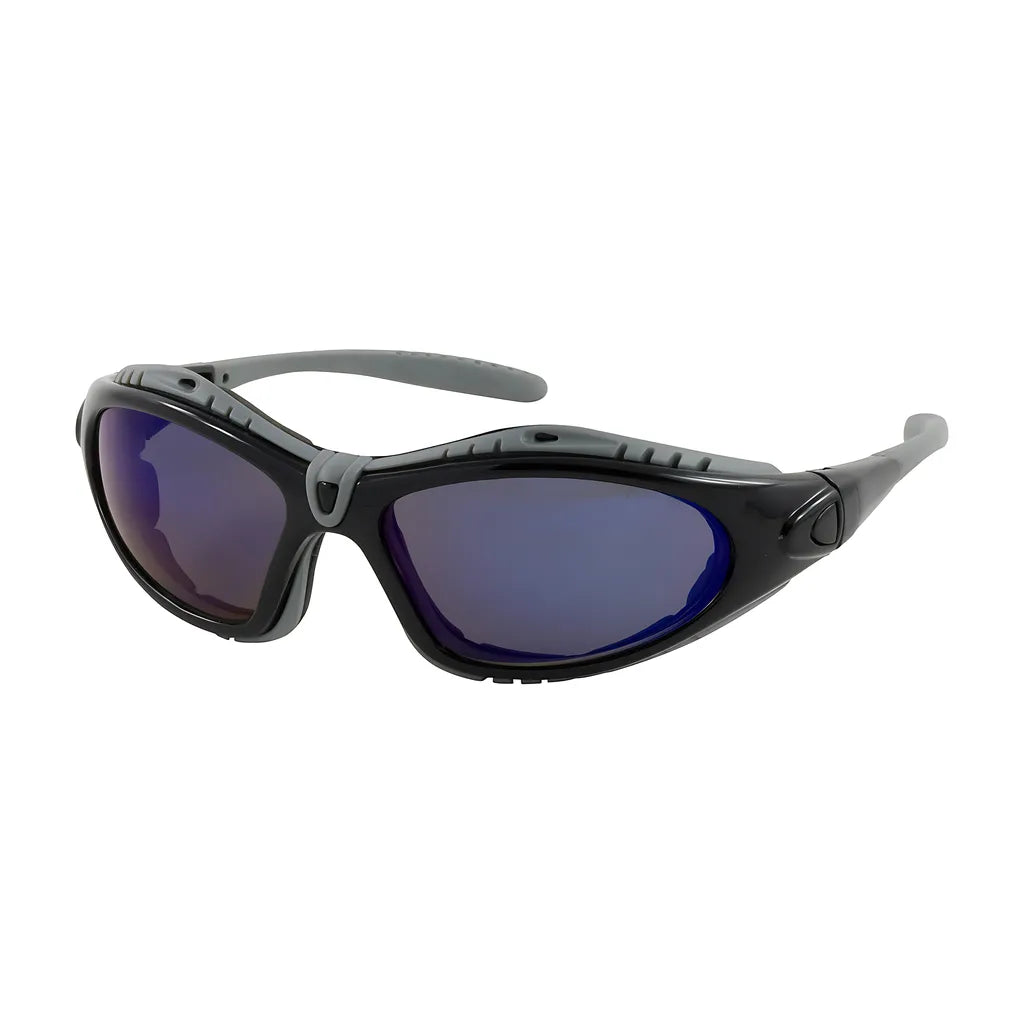 Bouton Optical 250-50-0426 Full Frame Safety Glasses With Black Frame, Foam Padding, Blue Mirror Lens And Anti-Scratch / Anti-Fog Coating 250-50-0426-11380