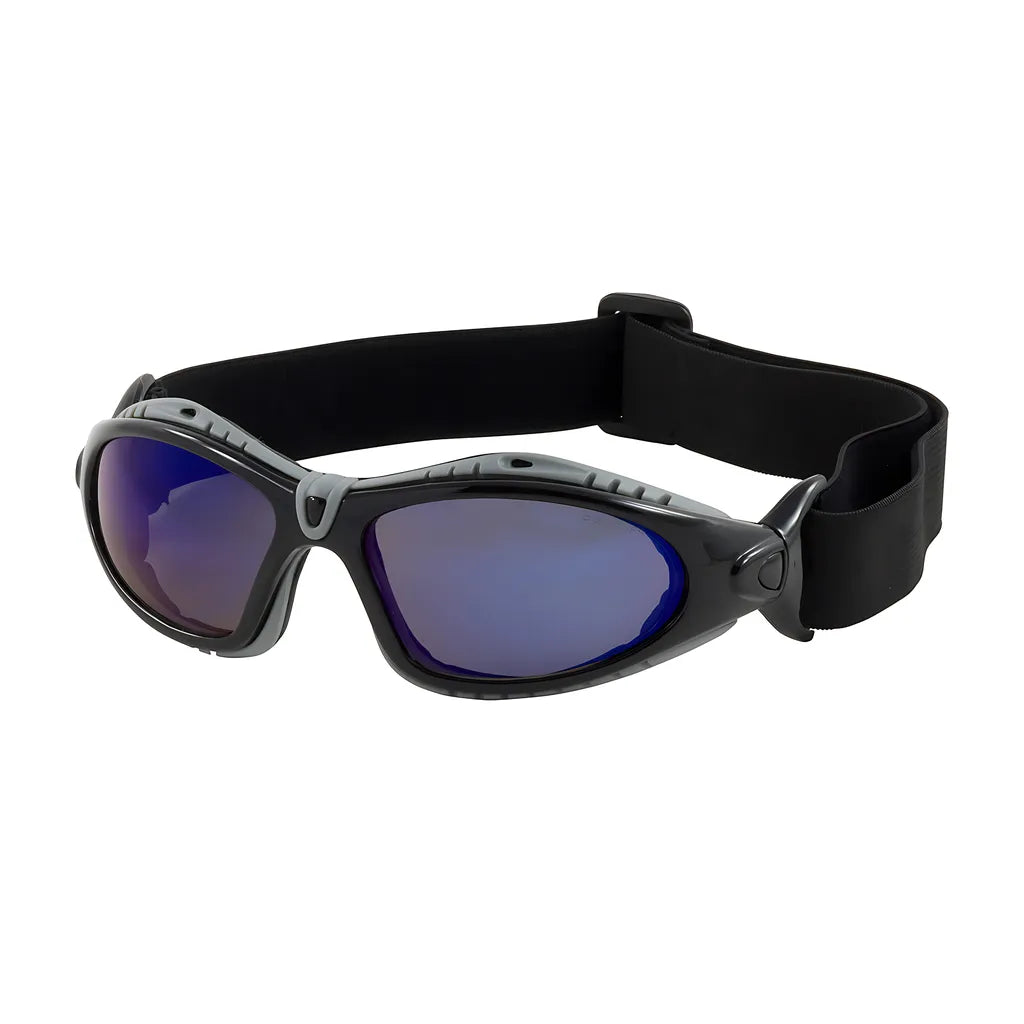 Bouton Optical 250-50-0426 Full Frame Safety Glasses With Black Frame, Foam Padding, Blue Mirror Lens And Anti-Scratch / Anti-Fog Coating 250-50-0426-11381