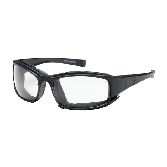 Bouton Optical 250-CE-10090 Full Frame Safety Glasses with Black Frame, Rubber Foam Padding, Clear Lens and Anti-Scratch / Anti-Fog Coating