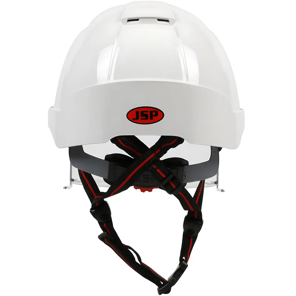 Jsp 280-Evlv-Ch-01S Type I, Vented Industrial Safety Helmet With Fully Adjustable Four Point Chinstrap, Lightweight Abs Shell, Integrated Ansi Z87.1 Eye Protection, 6-Point Polyester Suspension And Wheel Ratchet Adjustment 280-EVLV-CH-01S-12026