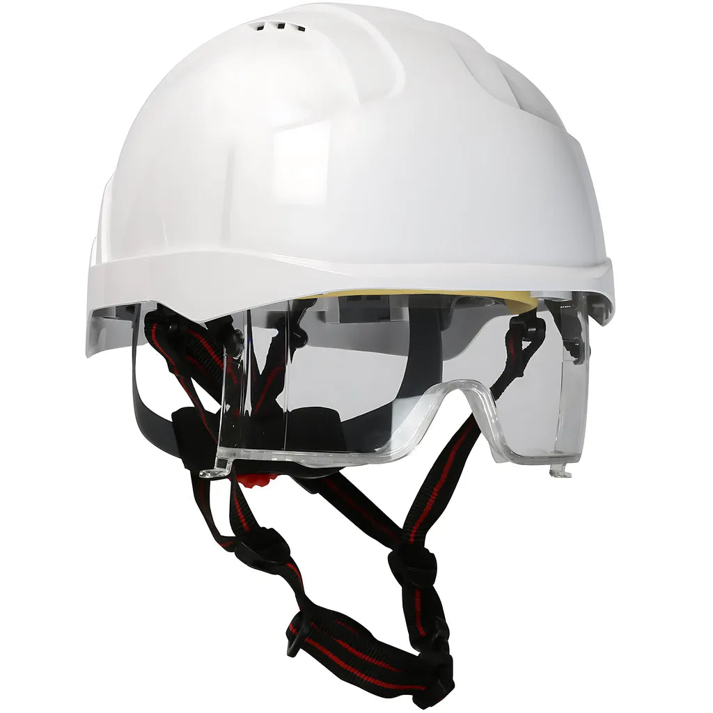 Jsp 280-Evlv-Ch-01W Type I, Vented Industrial Safety Helmet With Fully Adjustable Four Point Chinstrap, Lightweight Abs Shell, Integrated Ansi Z87.1 Eye Protection, 6-Point Polyester Suspension And Wheel Ratchet Adjustment 280-EVLV-CH-01W-12027