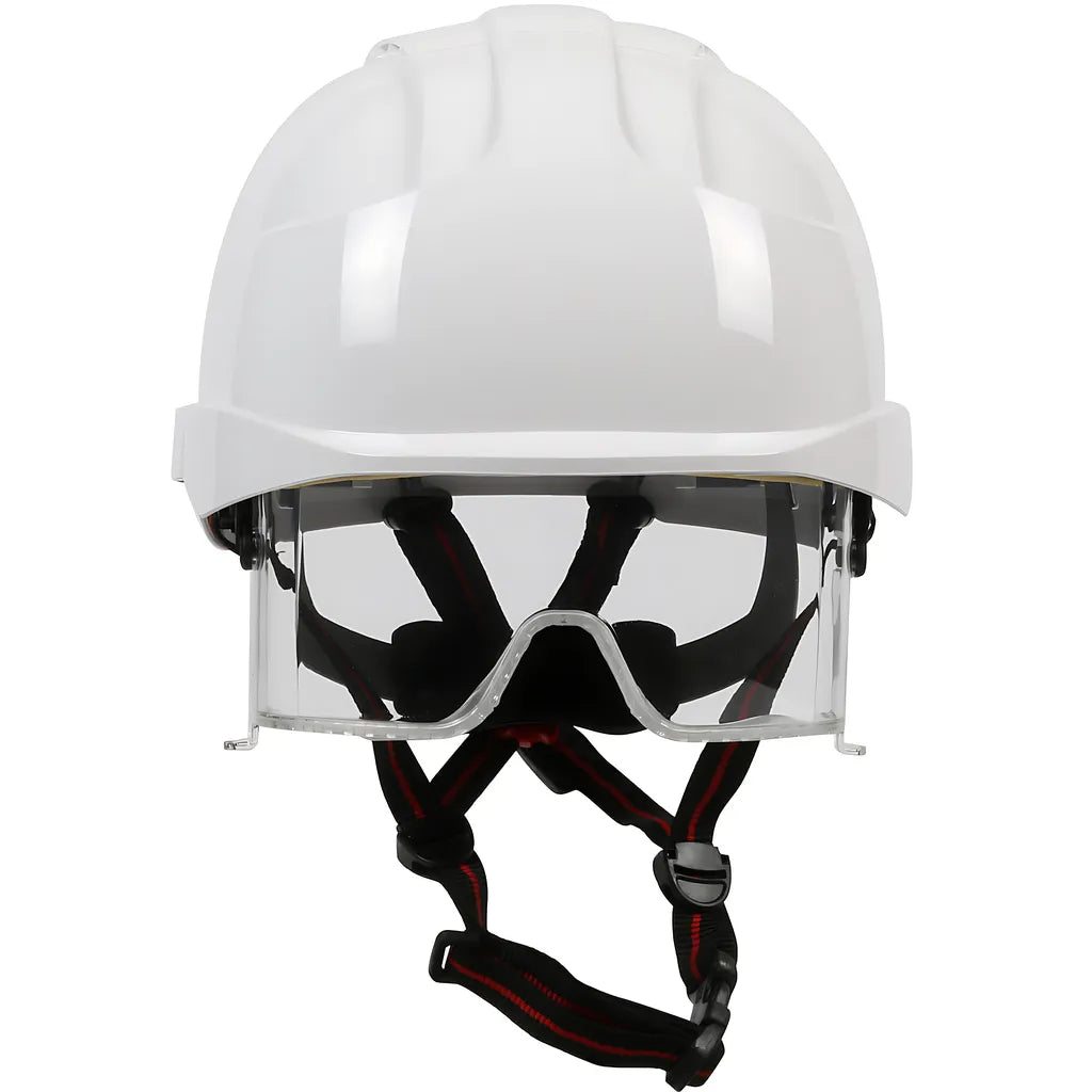 Jsp 280-Evlv-Ch-01W Type I, Vented Industrial Safety Helmet With Fully Adjustable Four Point Chinstrap, Lightweight Abs Shell, Integrated Ansi Z87.1 Eye Protection, 6-Point Polyester Suspension And Wheel Ratchet Adjustment 280-EVLV-CH-01W-12029