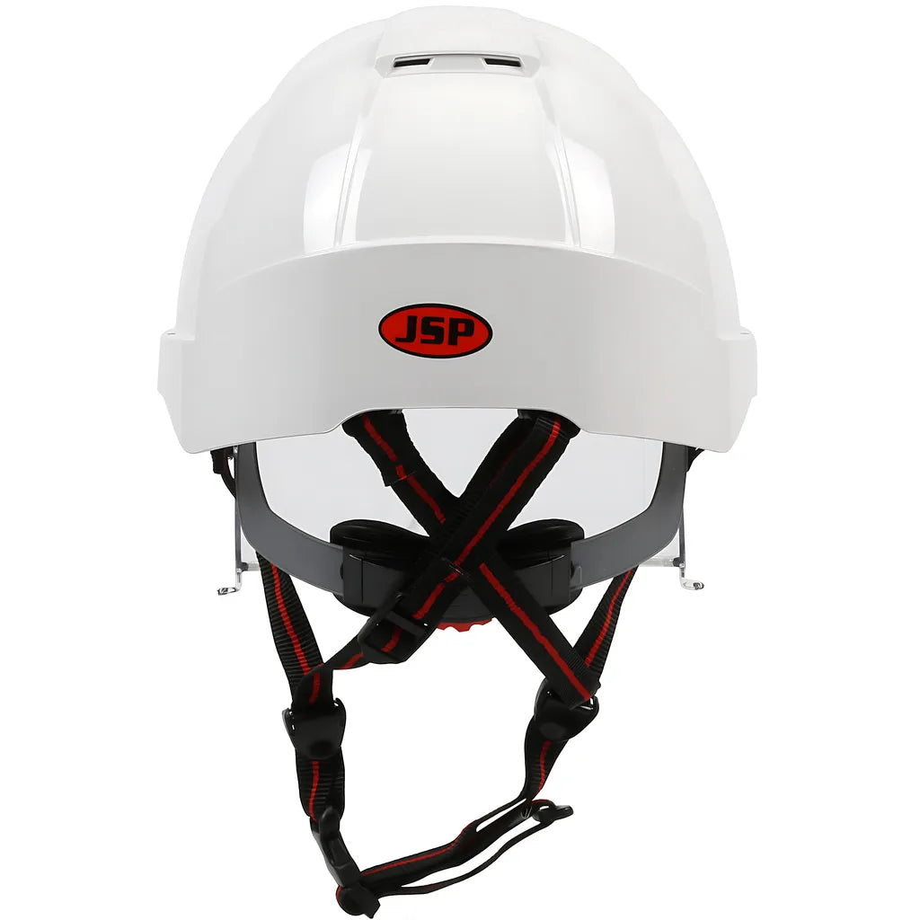 Jsp 280-Evlv-Ch-01W Type I, Vented Industrial Safety Helmet With Fully Adjustable Four Point Chinstrap, Lightweight Abs Shell, Integrated Ansi Z87.1 Eye Protection, 6-Point Polyester Suspension And Wheel Ratchet Adjustment 280-EVLV-CH-01W-12030