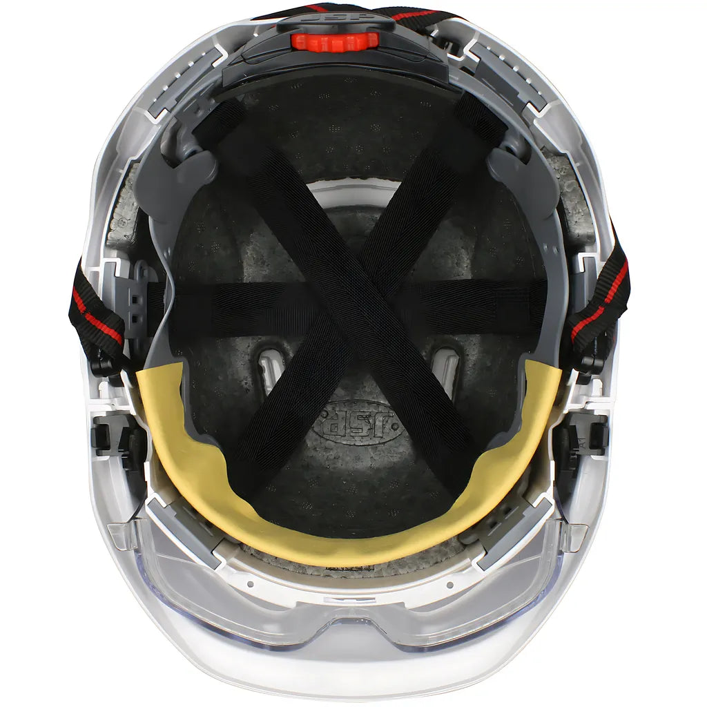 Jsp 280-Evlv-Ch-01W Type I, Vented Industrial Safety Helmet With Fully Adjustable Four Point Chinstrap, Lightweight Abs Shell, Integrated Ansi Z87.1 Eye Protection, 6-Point Polyester Suspension And Wheel Ratchet Adjustment 280-EVLV-CH-01W-12031