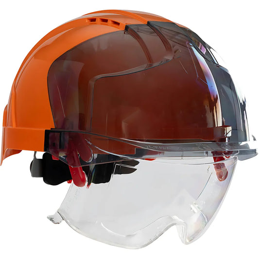 Jsp 280-Evlv-Ors Type I, Vented Industrial Safety Helmet With Lightweight Abs Shell, Integrated Ansi Z87.1 Eye Protection, 6-Point Polyester Suspension And Wheel Ratchet Adjustment 280-EVLV-ORS-12012