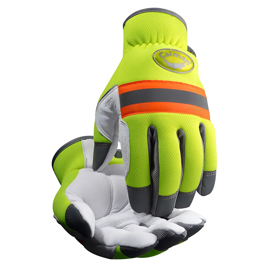 Caiman 2908-7 Multi-Activity Glove With Sheep Grain Leather Palm And Hi-Vis Yellow Padded Back 2908-7-12771