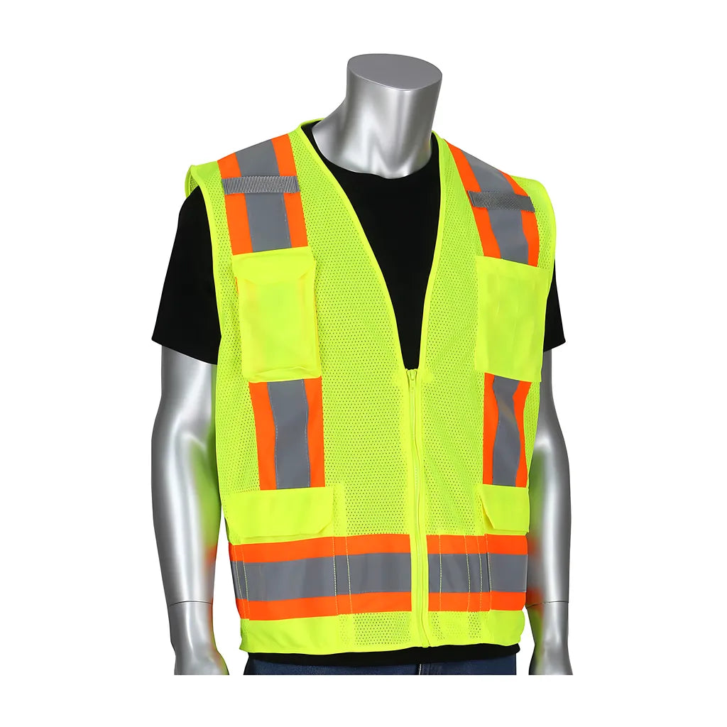 Pip 302-0500M-Ly/4X Ansi Type R Class 2 Two-Tone Eleven Pocket Mesh Surveyors Vest 302-0500M-LY4X-13569