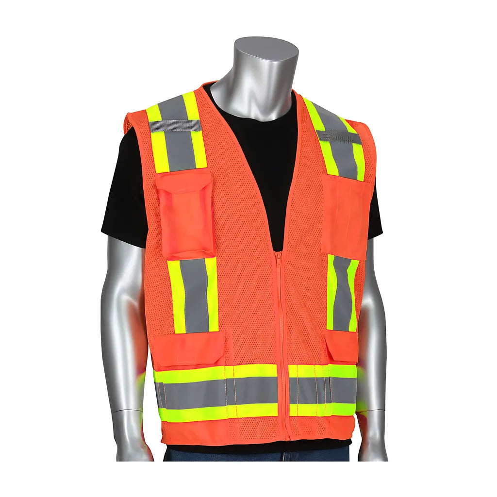 Pip 302-0500M-Or/3X Ansi Type R Class 2 Two-Tone Eleven Pocket Mesh Surveyors Vest 302-0500M-OR3X-13535