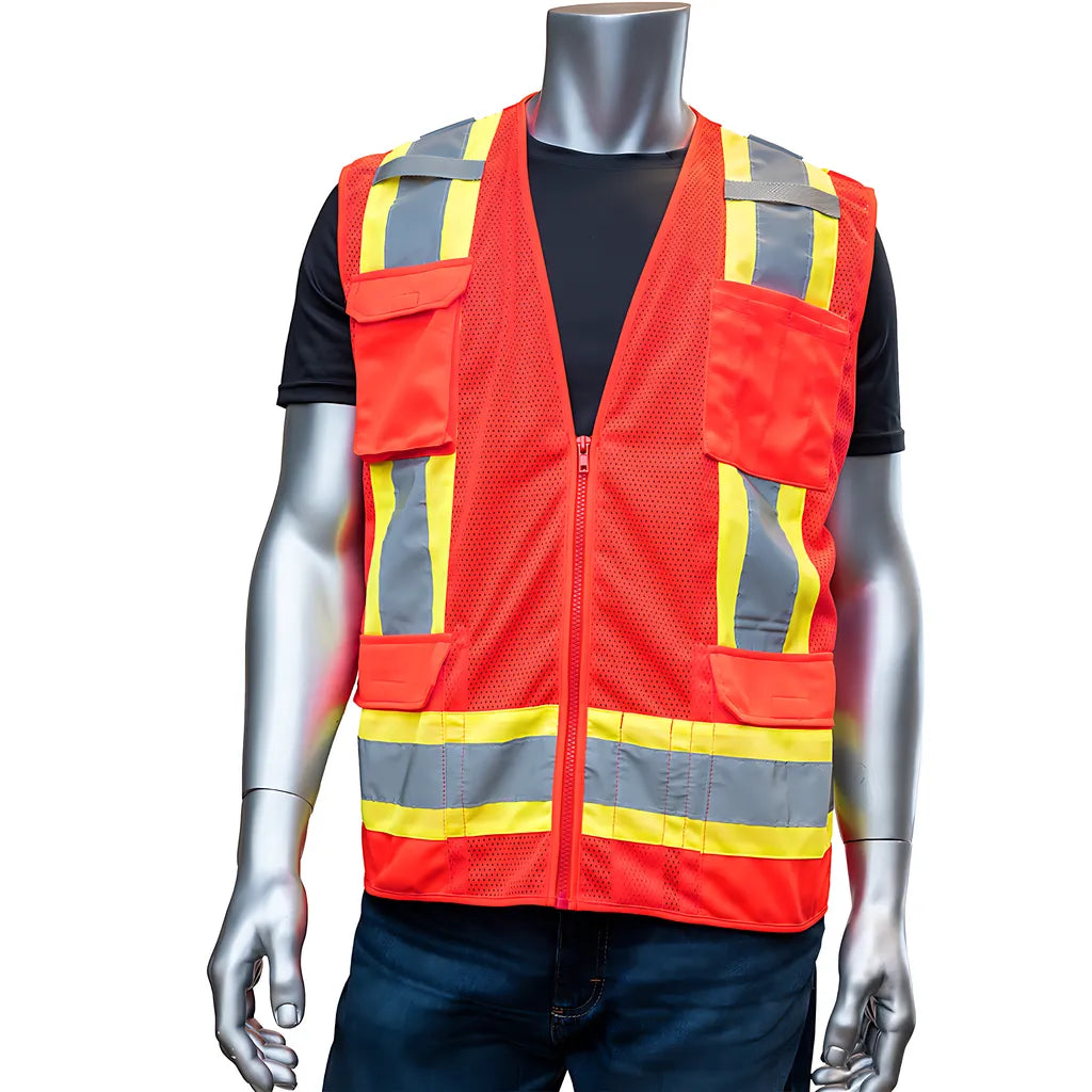 Pip 302-0500M-Rd/5X Ansi Type R Class 2 Two-Tone Eleven Pocket Mesh Surveyors Vest 302-0500M-RD5X-13555