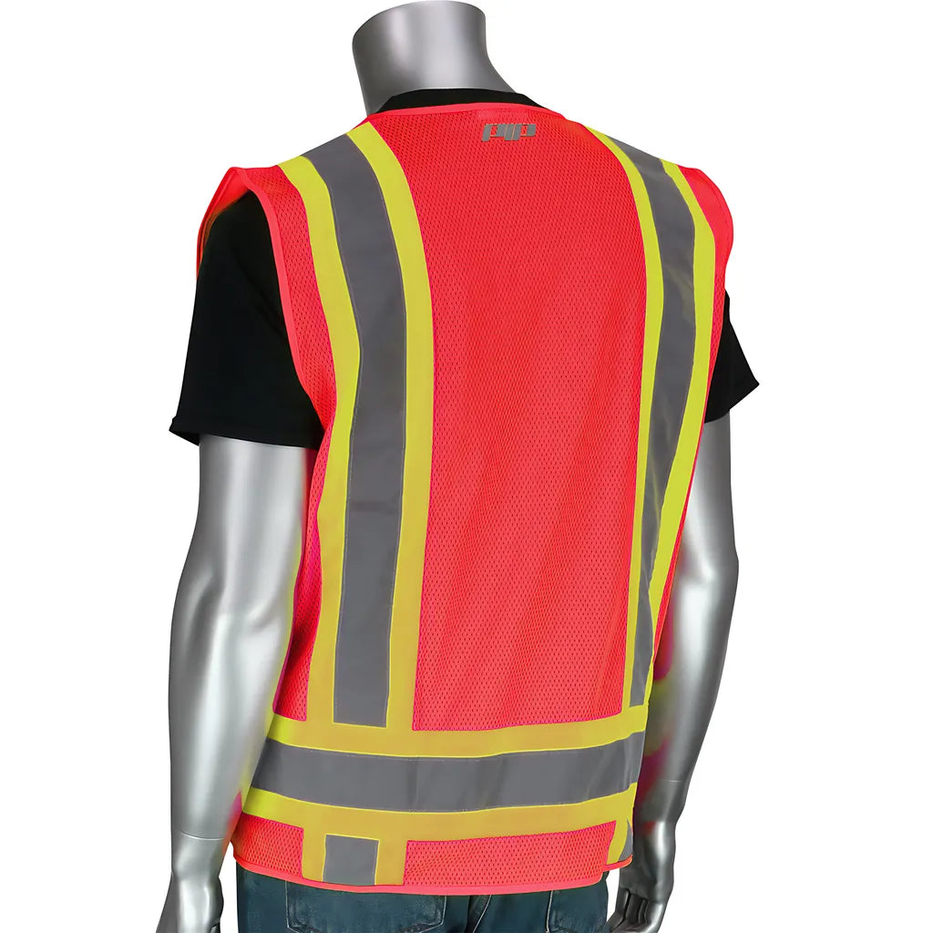 Pip 302-0500M-Rd/5X Ansi Type R Class 2 Two-Tone Eleven Pocket Mesh Surveyors Vest 302-0500M-RD5X-13556