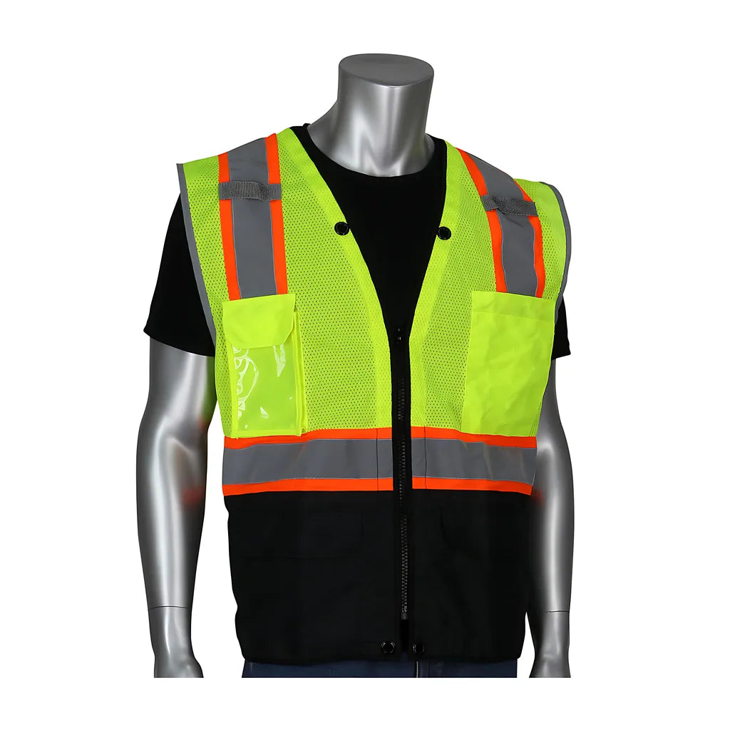 Pip 302-0650D-Ly/Xl Ansi Type R Class 2 Two-Tone Eleven Pocket Tech-Ready Mesh Surveyors Vest With Ripstop Black Bottom Front And "D" Ring Access 302-0650D-LYXL-13744