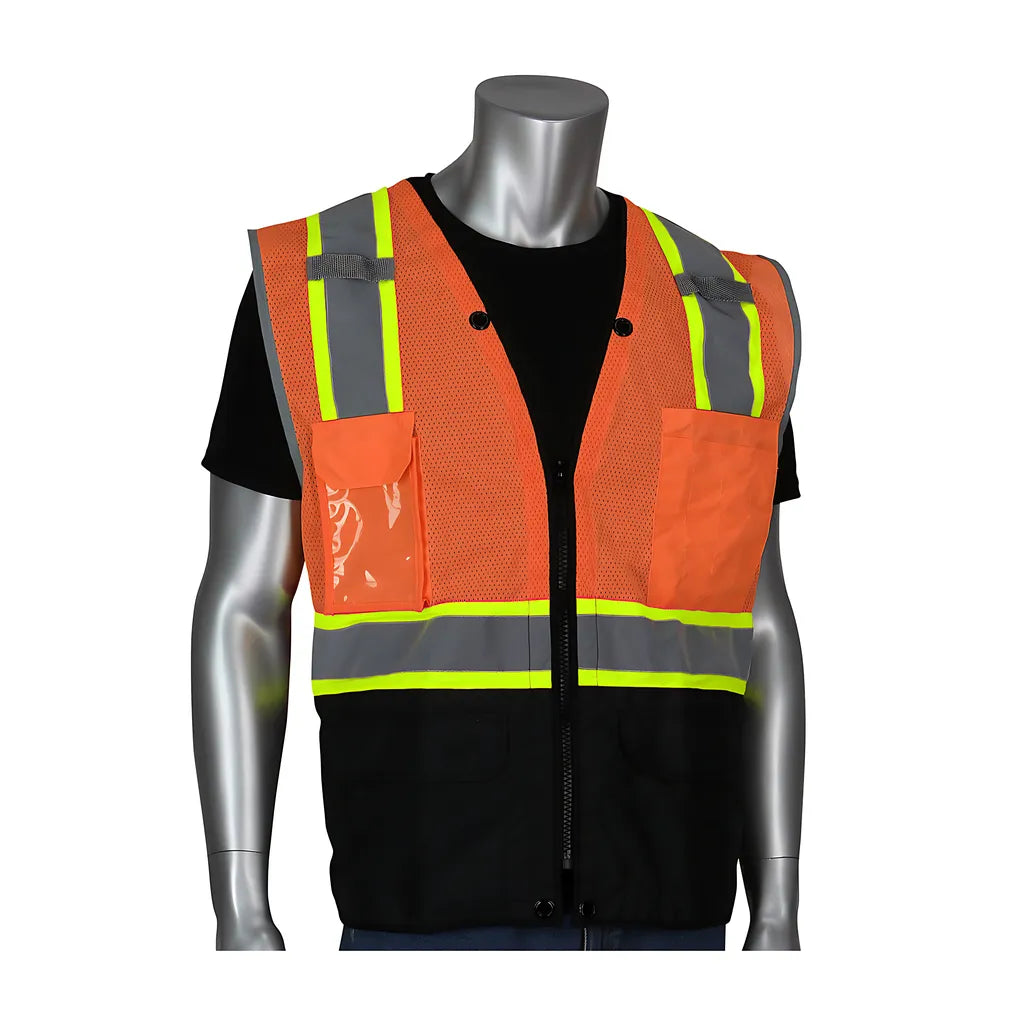 Pip 302-0650D-Or/M Ansi Type R Class 2 Two-Tone Eleven Pocket Tech-Ready Mesh Surveyors Vest With Ripstop Black Bottom Front And "D" Ring Access 302-0650D-ORM-13734