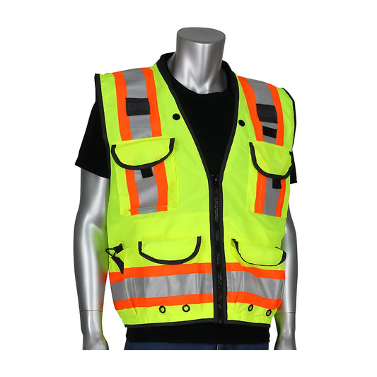 Pip 302-0900-Ly/M Ansi Type R Class 2 Two-Tone Fifteen Pocket Tech-Ready Ripstop Surveyors Vest With Mesh Back 302-0900-LYM-14009