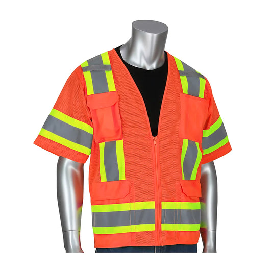 Pip 303-0500M-Or/2X Ansi Type R Class 3 Two-Tone Eleven Pocket Mesh Surveyors Vest 303-0500M-OR2X-14619