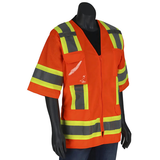 Pip 303-0513-Or/L Ansi Type R Class 3 Women'S Contoured Two-Tone Eleven Pocket Surveyors Vest With Solid Front And Mesh Back 303-0513-ORL-14645