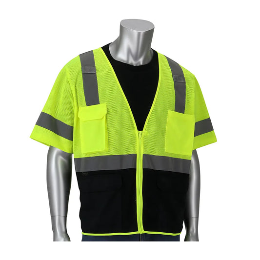 Pip 303-0710B-Ly/2X Ansi Type R Class 3 Five Pocket Value Mesh Vest With Black Bottom Front 303-0710B-LY2X-14663
