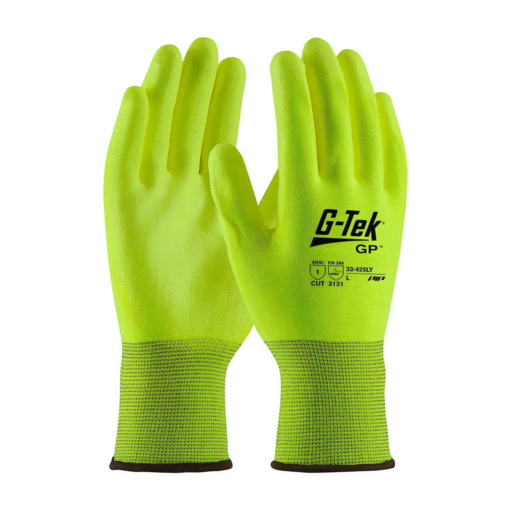 G-Tek 33-425Ly/L Hi-Vis Seamless Knit Polyester Glove With Polyurethane Coated Flat Grip On Palm & Fingers 33-425LYL-17214