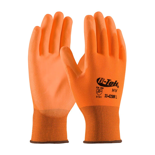 G-Tek 33-425Or/L Hi-Vis Seamless Knit Polyester Glove With Polyurethane Coated Flat Grip On Palm & Fingers 33-425ORL-17221