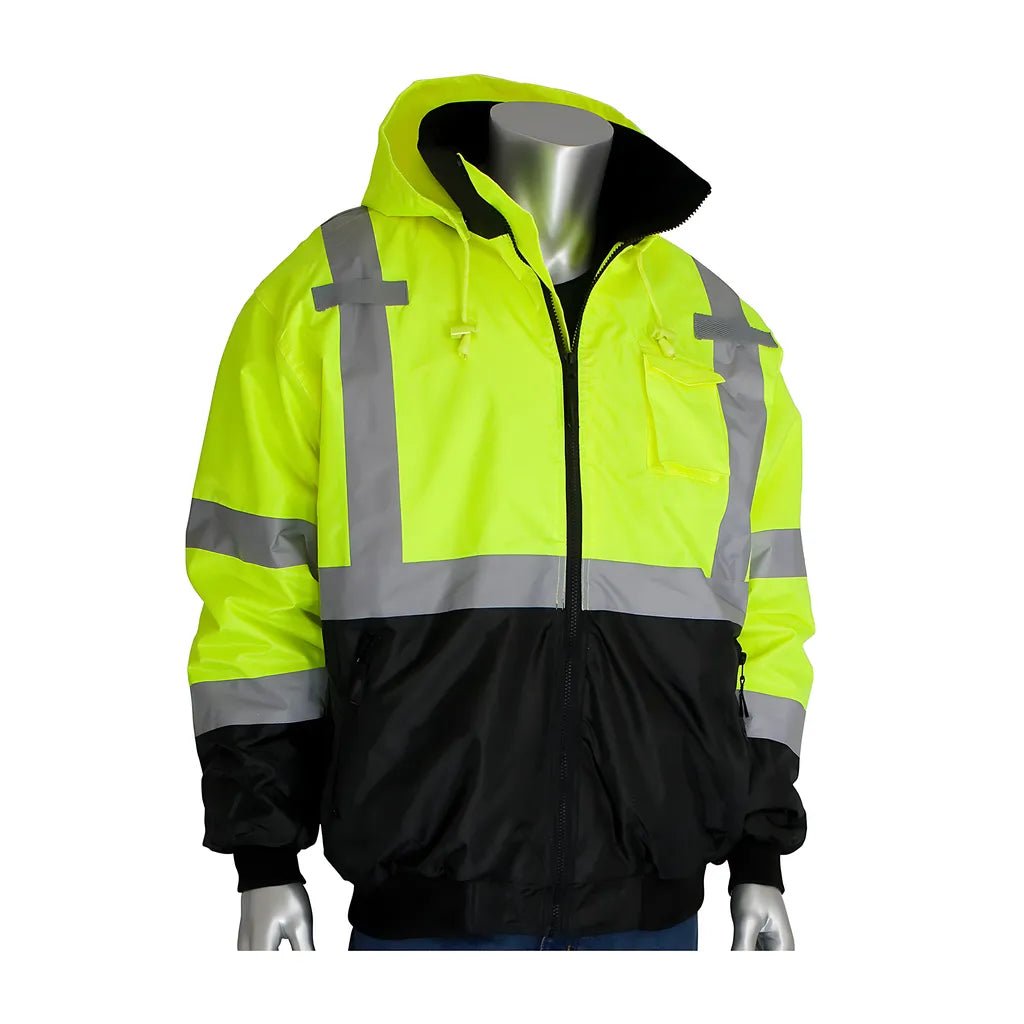 Pip 333-1766-Ly/M Ansi Type R Class 3 Value Black Bottom Bomber Jacket With Zip-Out Fleece Liner 333-1766-LYM-16991