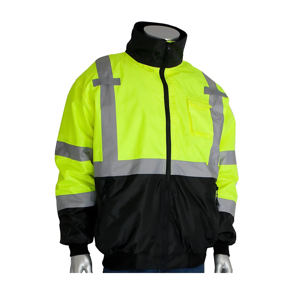 Pip 333-1766-Ly/M Ansi Type R Class 3 Value Black Bottom Bomber Jacket With Zip-Out Fleece Liner 333-1766-LYM-16992