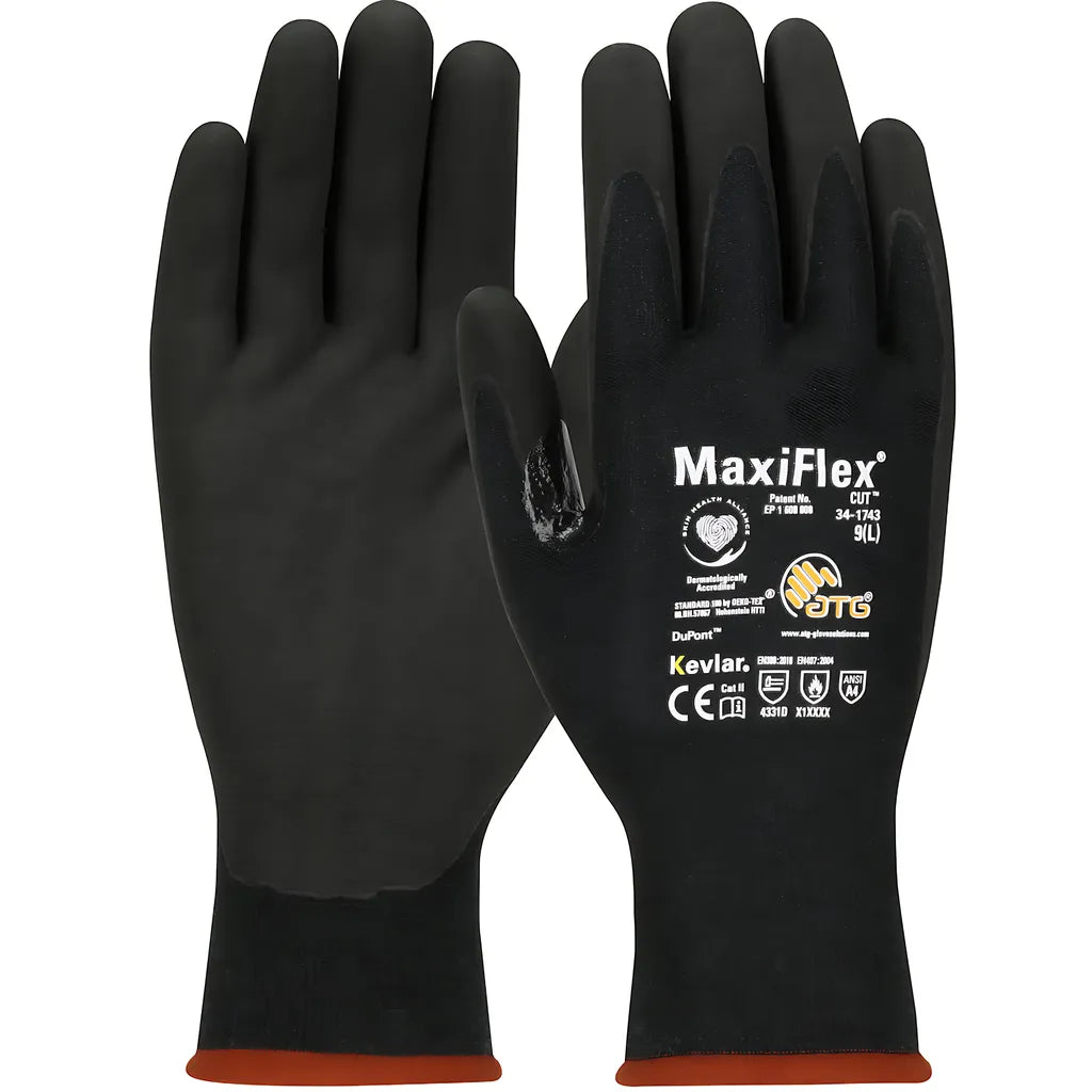 Atg 34-1743/L Maxiflex Cut Seamless Knit Dupont Kevlar Glove With Black Microfoam Nitrile Coating - Palm & Fingertips - Touchscreen Compatible 34-1743L-17344