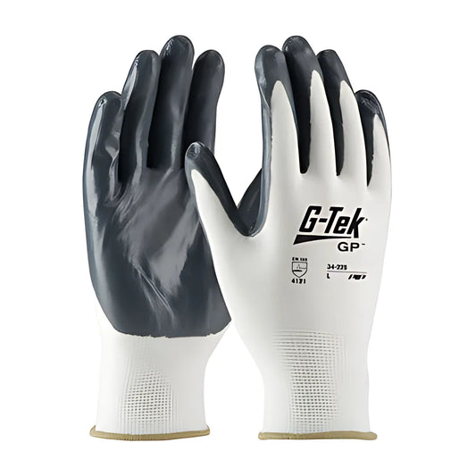 G-Tek 34-225SFR/L Seamless Knit Nylon Glove with Nitrile Coated Smooth Grip on Palm & Fingers - Sock Fold & Roll