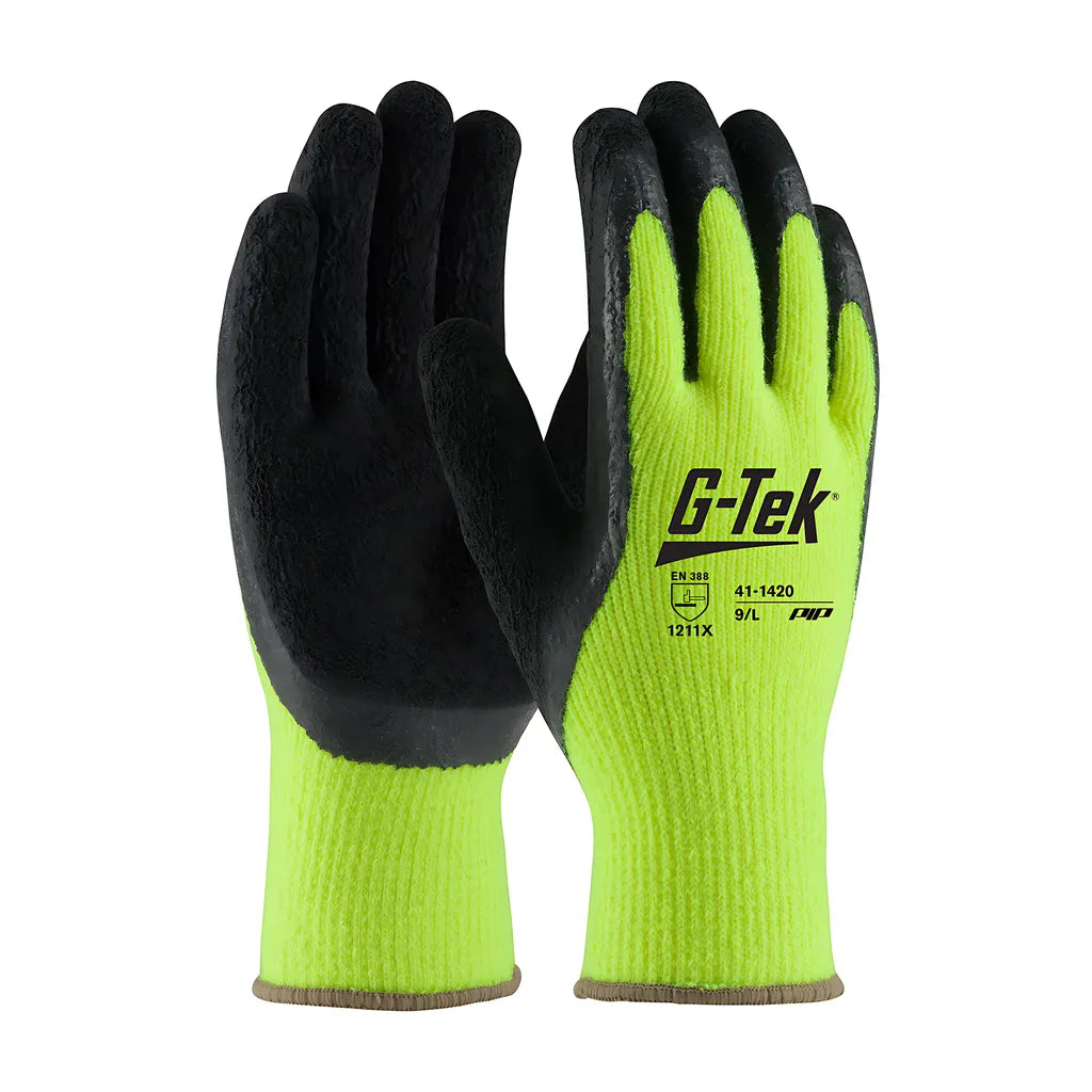 G-Tek 41-1420/L Hi-Vis Seamless Knit Acrylic Glove With Latex Coated Crinkle Grip On Palm, Fingers & Thumb 41-1420L-19603