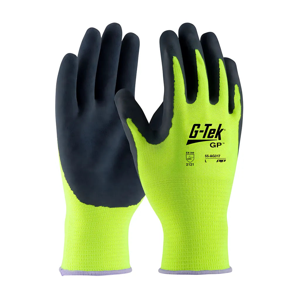 G-Tek 55-Ag317/L Hi-Vis Seamless Knit Polyester Glove With Latex Coated Microsurface Grip On Palm & Fingers 55-AG317L-20483