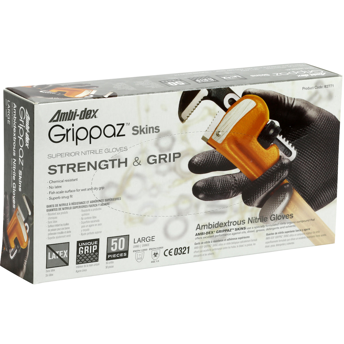 Grippaz 67-246/M Extended Use Ambidextrous Nitrile Glove with Textured Fish Scale Grip - 6 Mil
