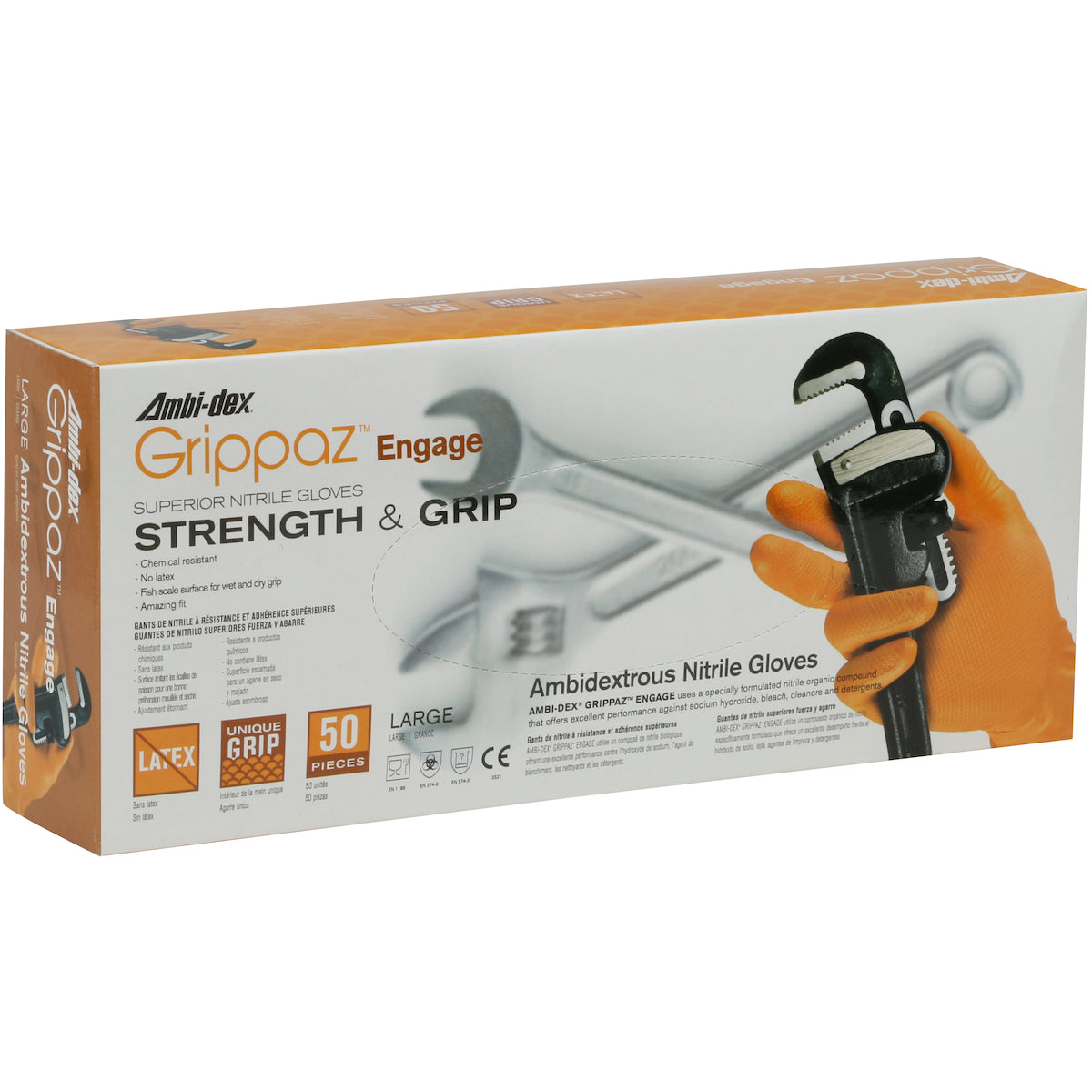 Grippaz 67-307/2XL Extended Use Ambidextrous Nitrile Glove with Textured Fish Scale Grip - 7 Mil