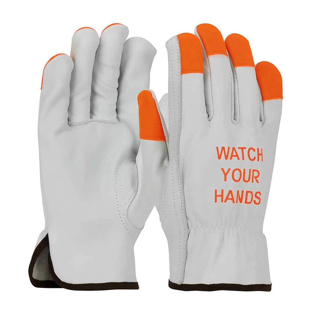 Pip 68-162Hv/M Economy Grade Top Grain Cowhide Leather Drivers Glove With Hi-Vis Fingertips And "Watch Your Hands" Logo - Keystone Thumb 68-162HVM-21032