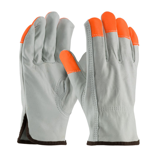 PIP 68-163HV/S Regular Grade Top Grain Cowhide Leather Drivers Glove with Hi-Vis Fingertips - Keystone Thumb