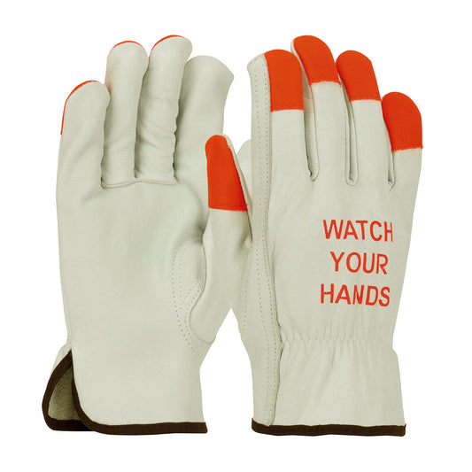 PIP 68-165HV/XS Superior Grade Top Grain Cowhide Leather Drivers Glove with Hi-Vis Fingertips and "WATCH YOUR HANDS" Logo - Keystone Thumb