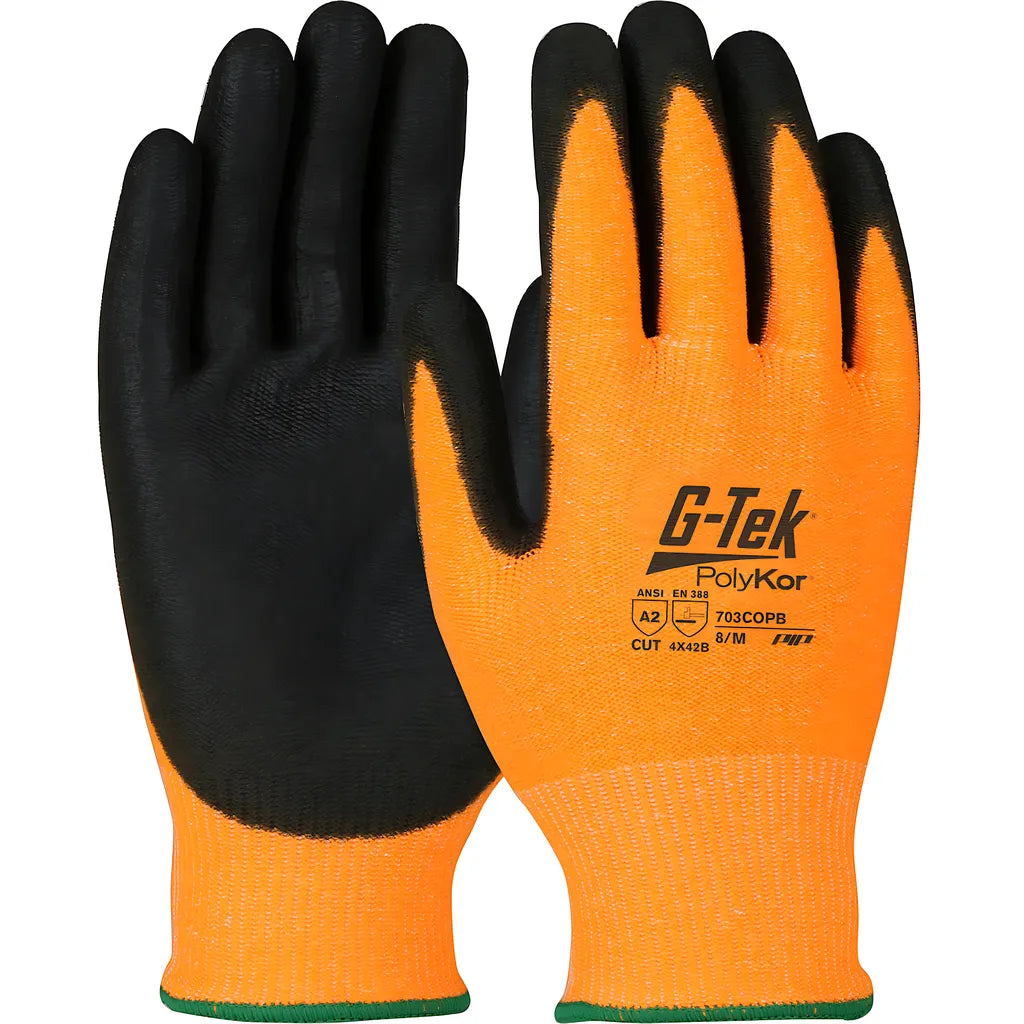 G-Tek 703Copb/L Hi-Vis Seamless Knit Polykor Blended Glove With Polyurethane Coated Palm & Fingers 703COPBL-21194