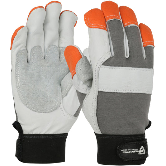 West Chester 86565/2XL FR Goatskin Leather Glove with Split Cowhide Palm Patch and Nomex Back - Hi-Vis FR Fingertips