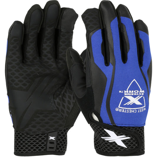 West Chester 89302/M Synthetic Leather Palm with Silicone Grip, Blue Fabric Back & Touchscreen Index Finger - XLock Cuff