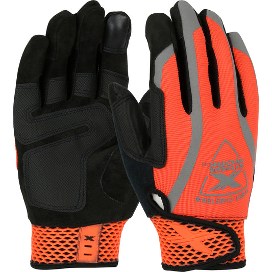 West Chester 89308OR/S ToughX Suede Palm with Hi-Vis Orange Fabric Back and Touchscreen Index Finger - Hook & Loop Closure