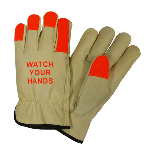 West Chester 990KOT/S Regular Grade Top Grain Cowhide Leather Drivers Glove with Hi-Vis Fingertips and "WATCH YOUR HANDS" Logo - Keystone Thumb