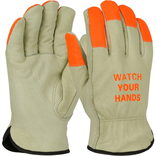 West Chester 994KOTP/S Premium Top Grain Pigskin Leather Drivers Glove with Thermal Lining and Hi-Vis Fingertips & WYH Logo