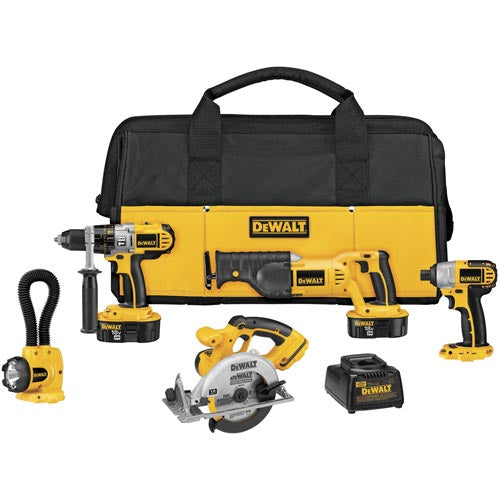 Dewalt 5 Tool Combo Kit. Complete with 18V Cordless Hammer drill, 18V Circular Saw with 6-1/2" Carbide Blade, 18V cordless ceciprocating saw, 18V Impact Driver, and 18V Floodlight