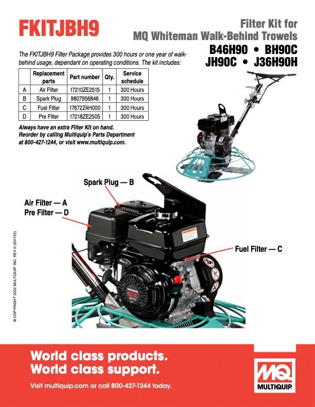 Multiquip FKITJBH9 Service Kit for B46H90/J36H90 Trowels