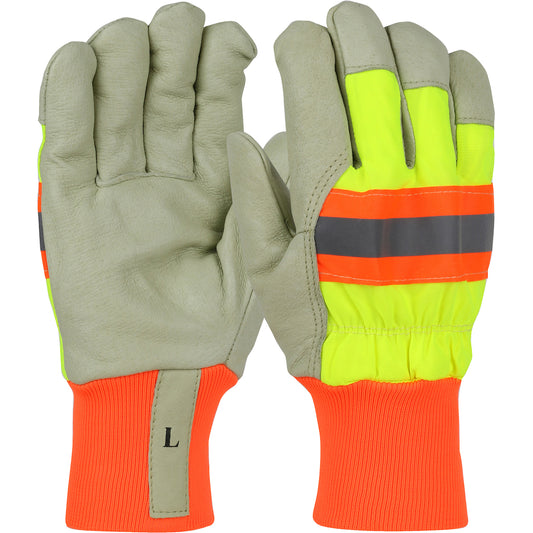 West Chester HVY1555/M Pigskin Leather Palm Glove with Nylon Hi-Vis Back and 3M Thinsulate Lining - Knit Wrist