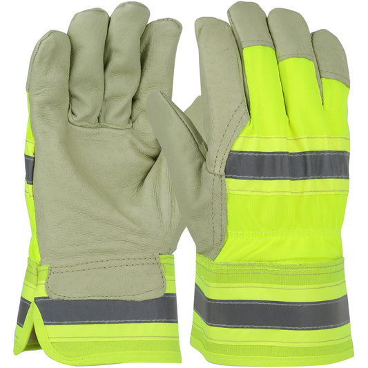 West Chester HVY5555/M Pigskin Leather Palm Glove with Nylon Hi-Vis Back and Thermal Lining - Rubberized Safety Cuff