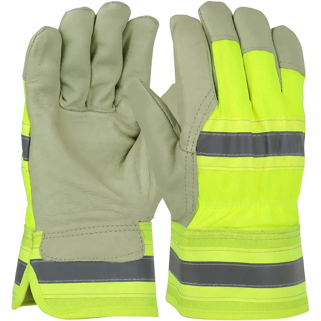 West Chester Hvy5555/L Pigskin Leather Palm Glove With Nylon Hi-Vis Back And Thermal Lining - Rubberized Safety Cuff HVY5555L-23853