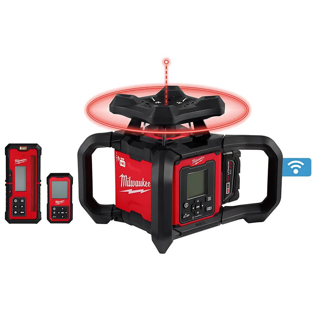 M18 Red Exterior Dual Slope Rotary Laser Level Kit W/ Receiver, Remote, Grade Rod & Tripod-Milwaukee-3704-21T-9916