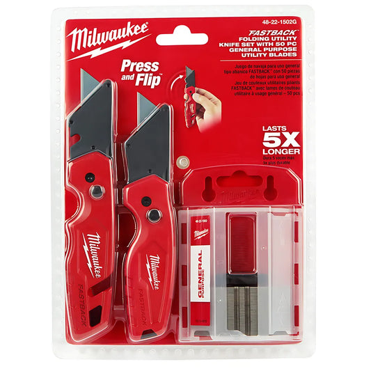 Fastback Folding Utility Knife Set With 50Pc General Purpose Utility Blades-Milwaukee-48-22-1502GR-7938